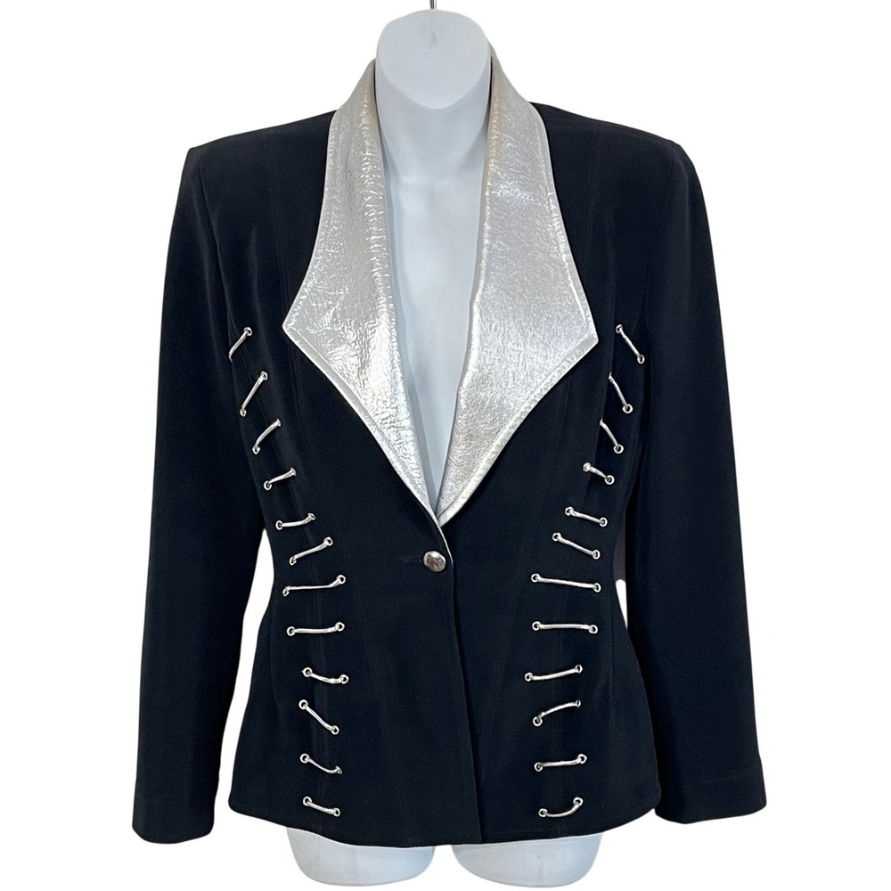 Caché Blazer Women Small Black Silver‎ Metallic Leather Lapel Hook Hardware Edgy